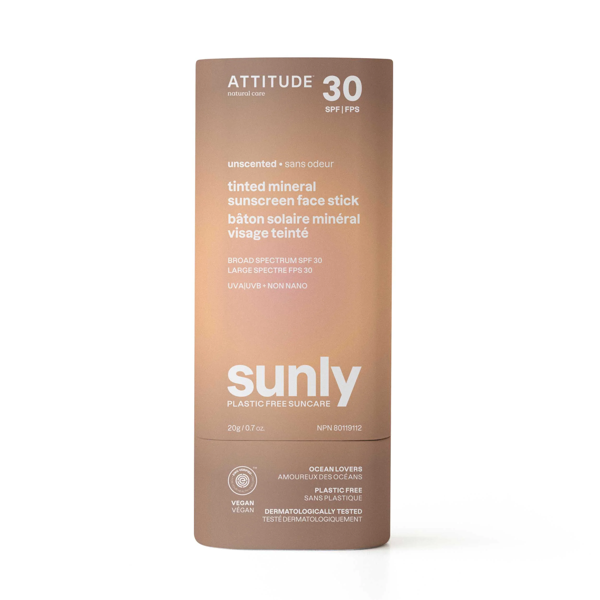 Attitude - Sunly SPF 30 Tinted Mineral Face Stick Unscented, 20 g
