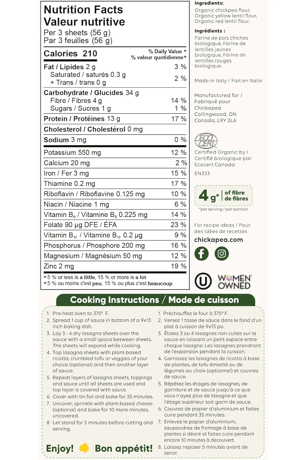 Chickapea Pasta - Organic Lasagne, 227 g - Image 2