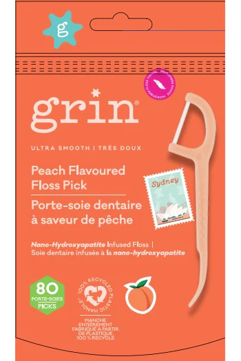 Grin - Floss Picks - Peach Flavoured, 80 Count