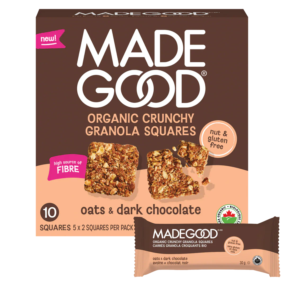 MadeGood - Crunchy Granola Squares - Oats & Dark Chocolate, 5x30 g