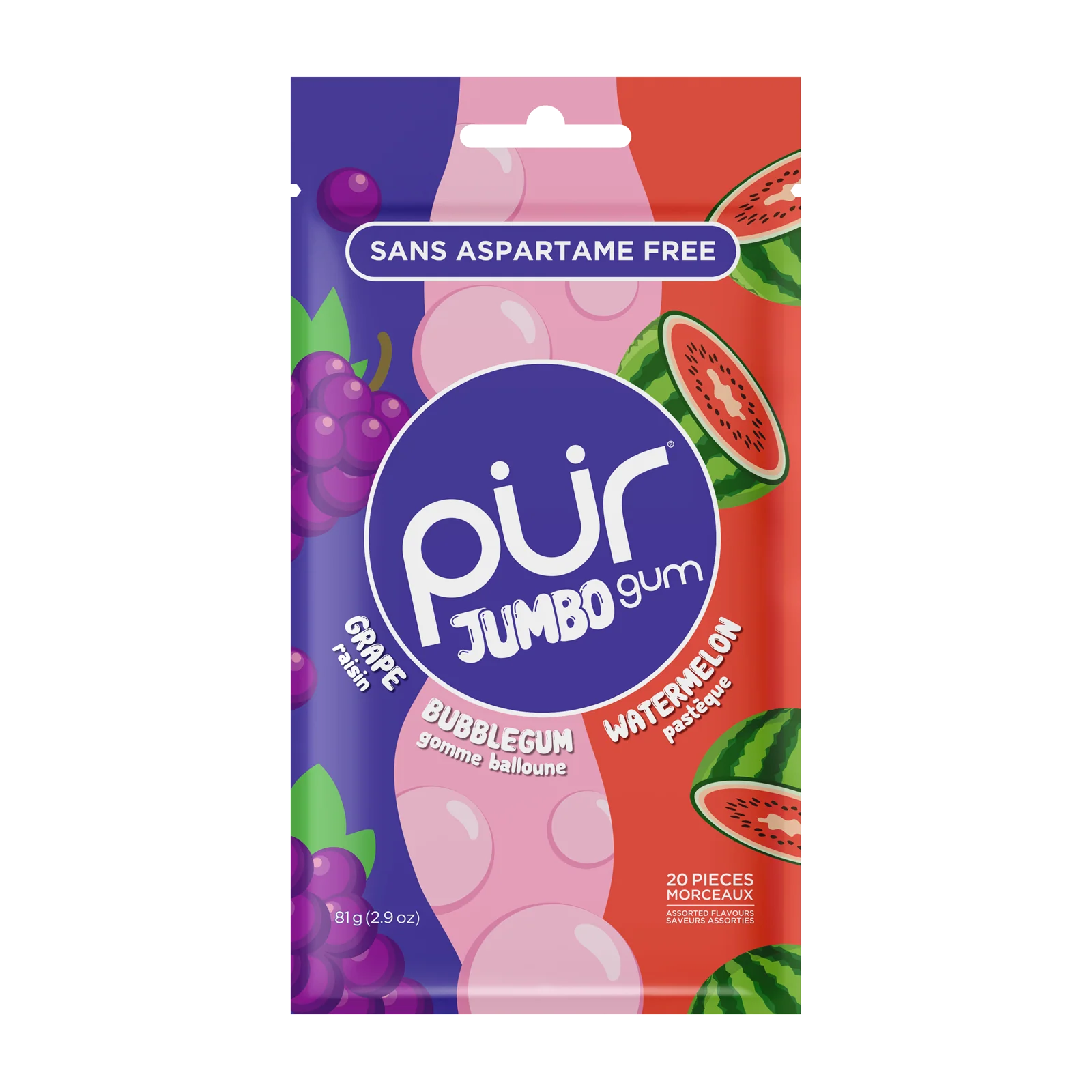 Pur Gum - Gum - Grape, Bubblegum, Watermelon, 81 g