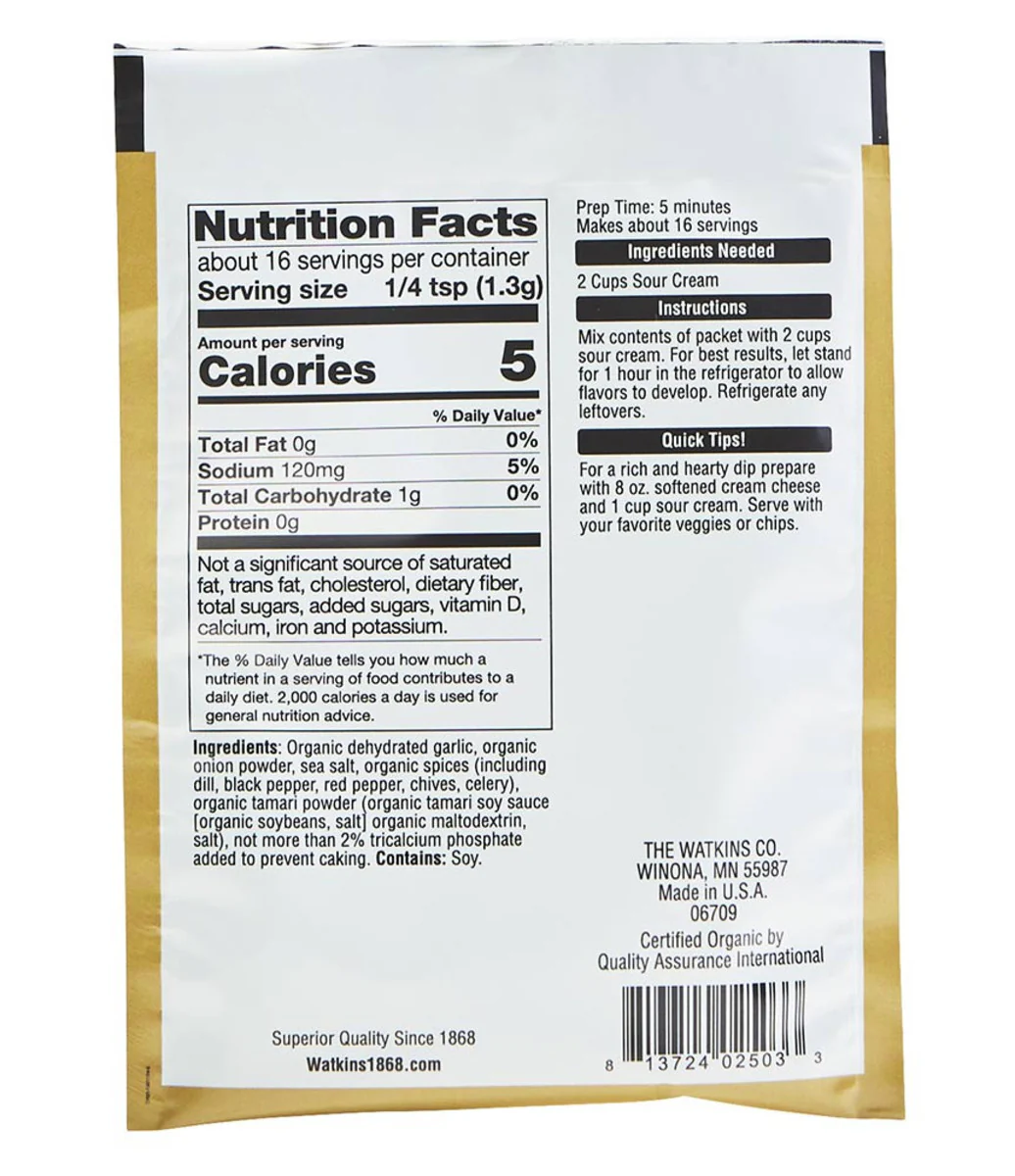 Watkins - Organic Garlic & Dill Dip Mix, 21 g - Image 2
