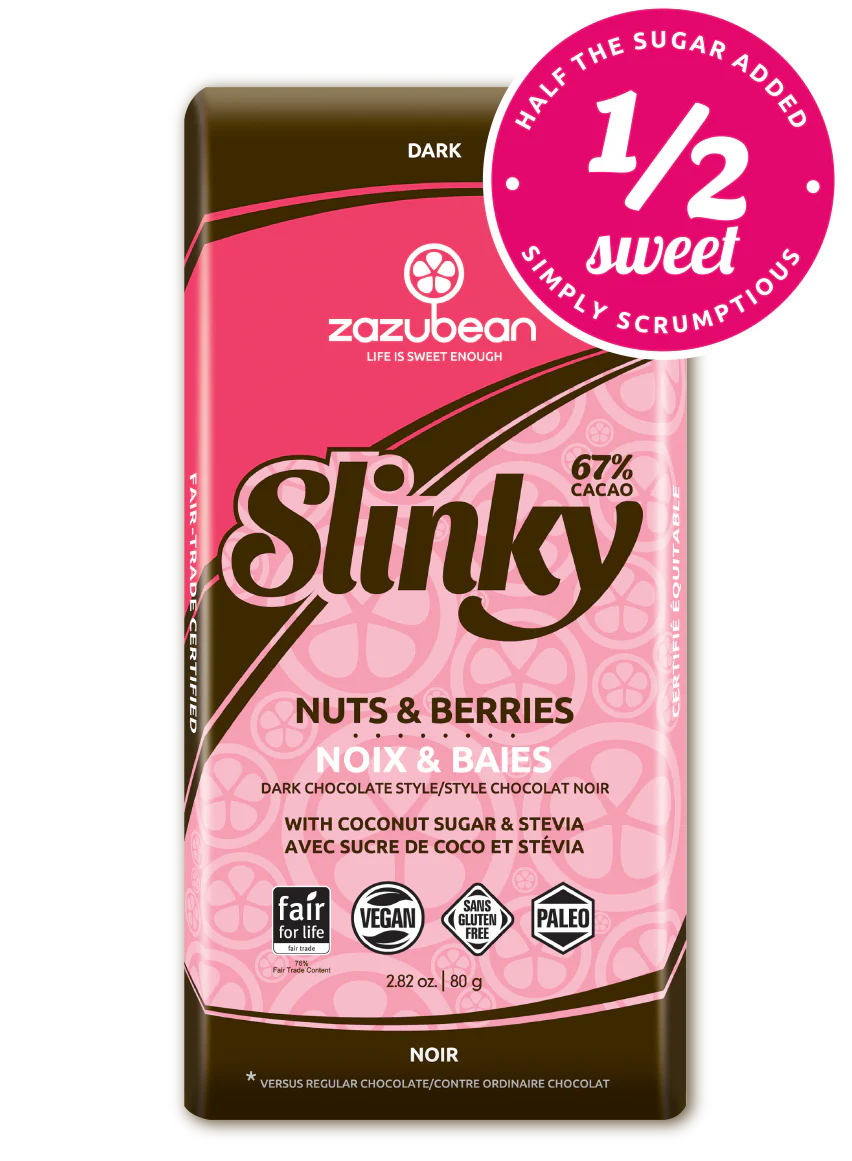 Zazubean Organic Chocolate - Slinky, 67% Cacao, Half Sweet, Nuts & Berries, 80g